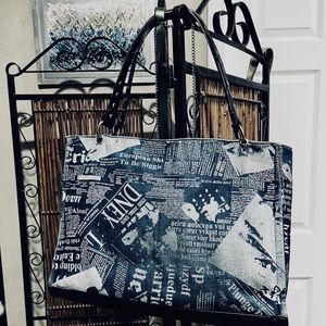 DNEY Vtg Newspaper Canvas Print Navy/ White/ Grey |Navy Faux Patent Leather Trim